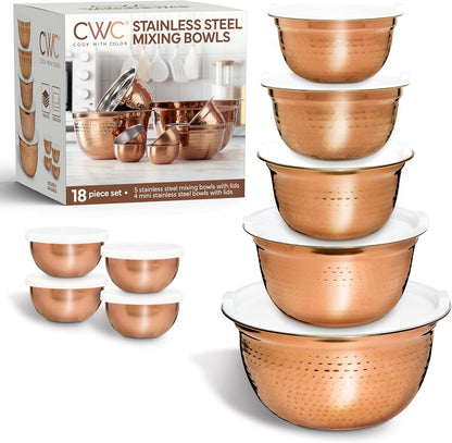 18 Piece Mixing Bowls Set with Airtight Lids, Stainless Steel Bowl Organizers, Food Storage Containers, Meal Prep, Nesting Salad Bowls For Cooking, Baking, Kitchen Use, Gold
