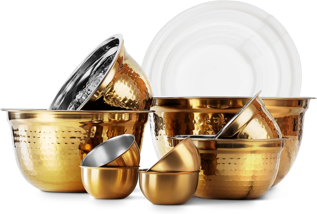 18 Piece Mixing Bowls Set with Airtight Lids, Stainless Steel Bowl Organizers, Food Storage Containers, Meal Prep, Nesting Salad Bowls For Cooking, Baking, Kitchen Use, Gold