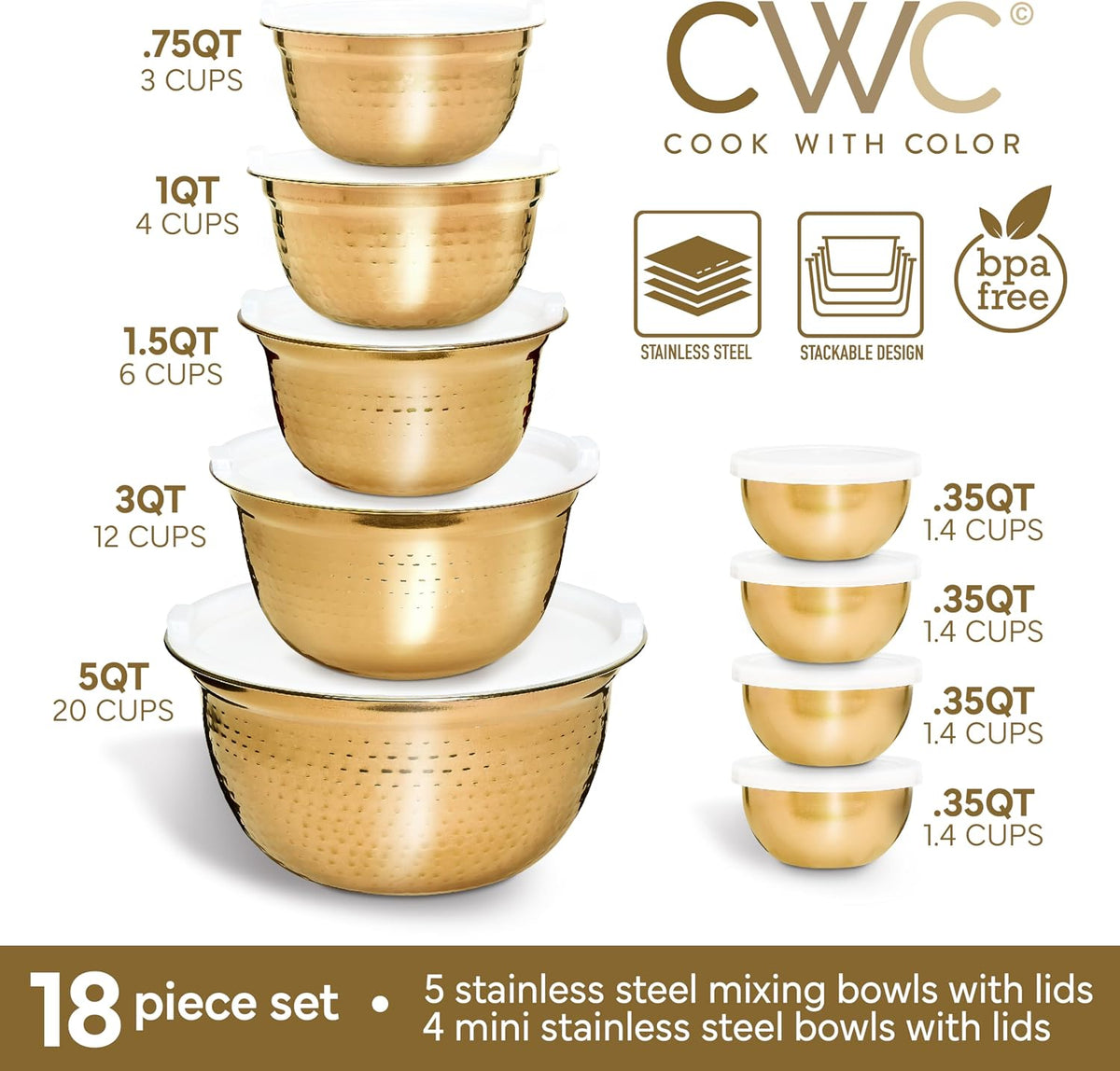 18 Piece Mixing Bowls Set with Airtight Lids, Stainless Steel Bowl Organizers, Food Storage Containers, Meal Prep, Nesting Salad Bowls For Cooking, Baking, Kitchen Use, Gold