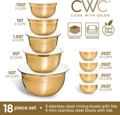 18 Piece Mixing Bowls Set with Airtight Lids, Stainless Steel Bowl Organizers, Food Storage Containers, Meal Prep, Nesting Salad Bowls For Cooking, Baking, Kitchen Use, Gold