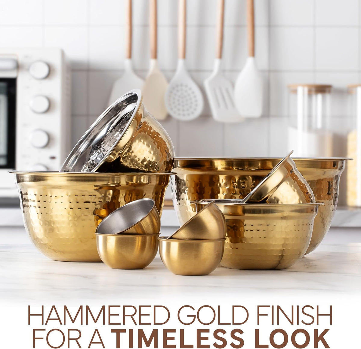 18 Piece Mixing Bowls Set with Airtight Lids, Stainless Steel Bowl Organizers, Food Storage Containers, Meal Prep, Nesting Salad Bowls For Cooking, Baking, Kitchen Use, Gold