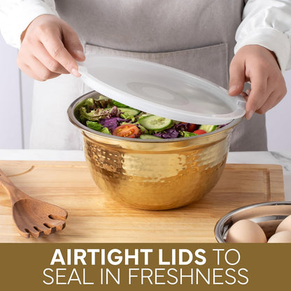 18 Piece Mixing Bowls Set with Airtight Lids, Stainless Steel Bowl Organizers, Food Storage Containers, Meal Prep, Nesting Salad Bowls For Cooking, Baking, Kitchen Use, Gold