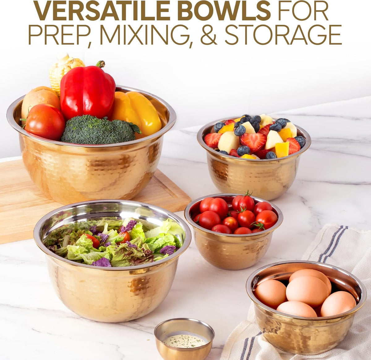 18 Piece Mixing Bowls Set with Airtight Lids, Stainless Steel Bowl Organizers, Food Storage Containers, Meal Prep, Nesting Salad Bowls For Cooking, Baking, Kitchen Use, Gold