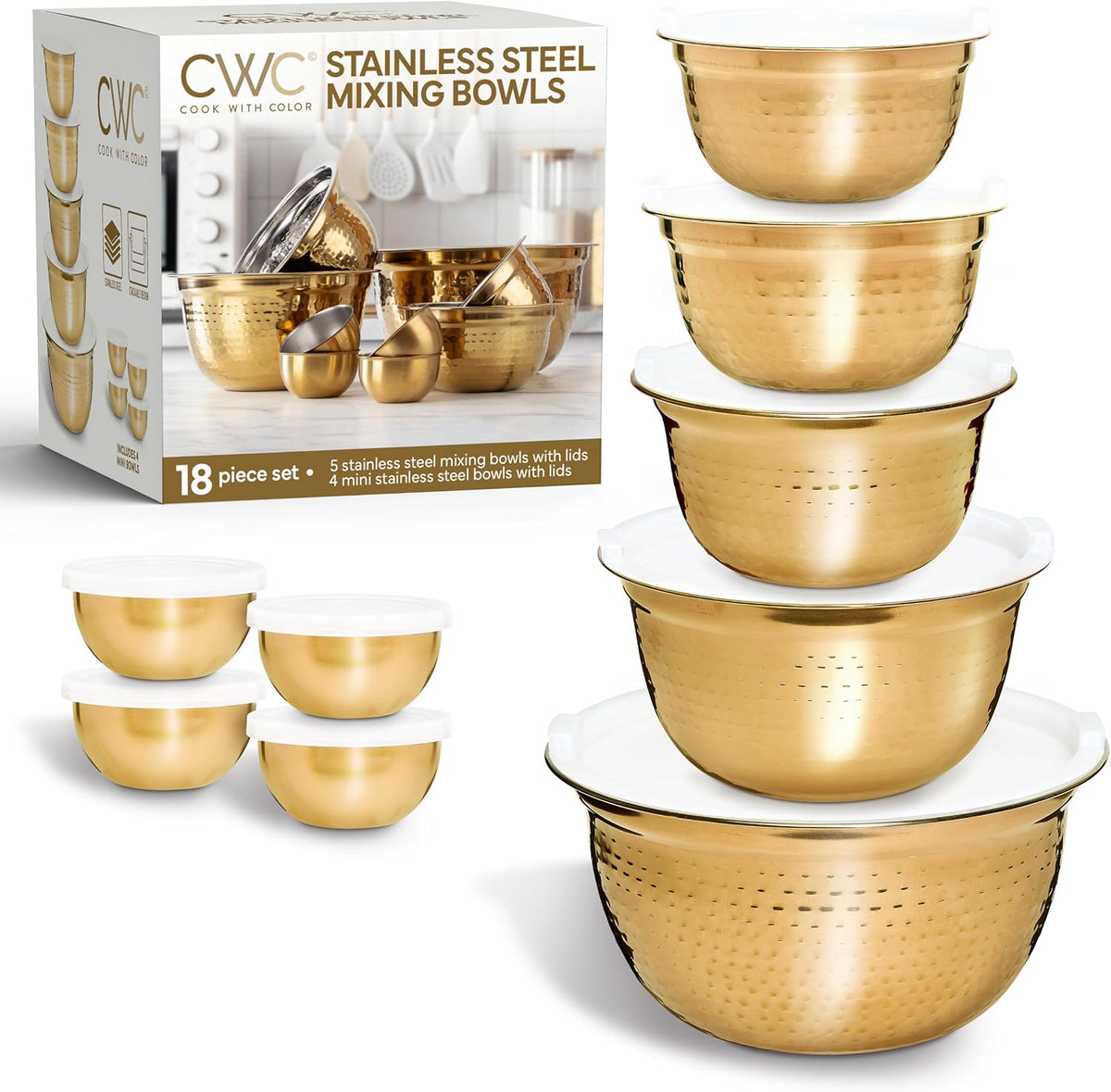 18 Piece Mixing Bowls Set with Airtight Lids, Stainless Steel Bowl Organizers, Food Storage Containers, Meal Prep, Nesting Salad Bowls For Cooking, Baking, Kitchen Use, Gold
