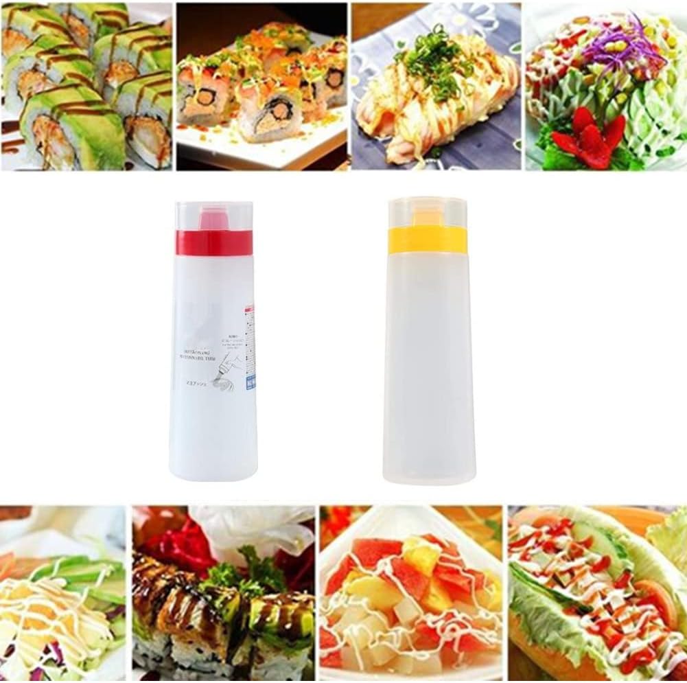 4 Hole Jam Squeeze Bottle with Cap Lids, 300ml Large Capacity Leak Proof Condiment Squeeze Sauce Bottles for Salad Dressing, Ketchup, Mayonnaise, Olive Oil (2 Pack)