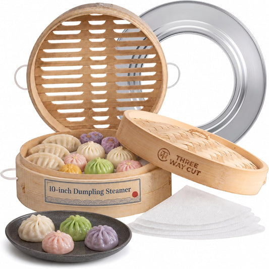 Bamboo Steamer Basket 10 Inch Extra Deep Easy Lift Handles Dumpling Steamer