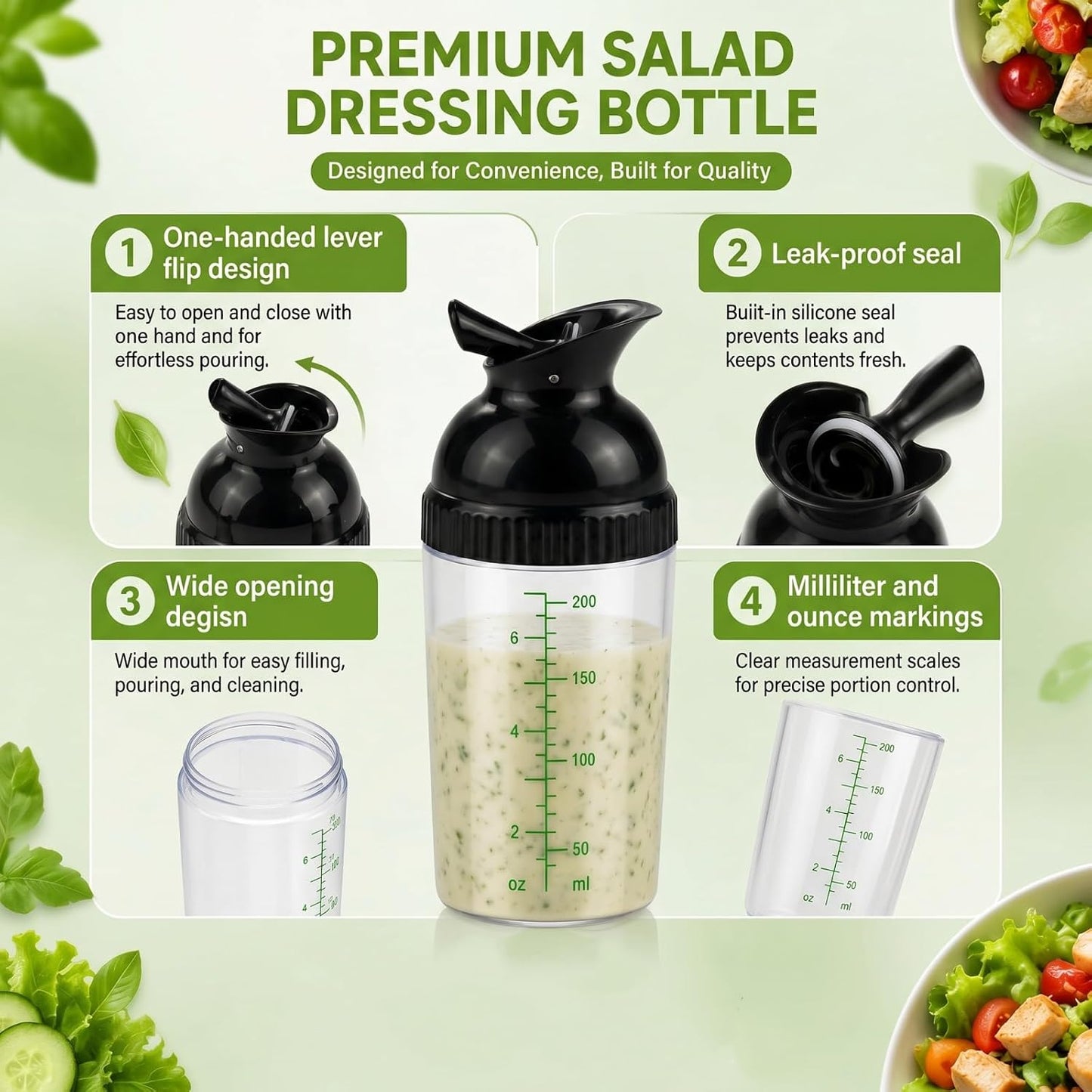 3 Pack Salad Dressing Shaker Container, 7 Oz Salad Dressing Mixer Bottle Mixer Dispenser, Dripless Pour, Soft Grip, BPA Free