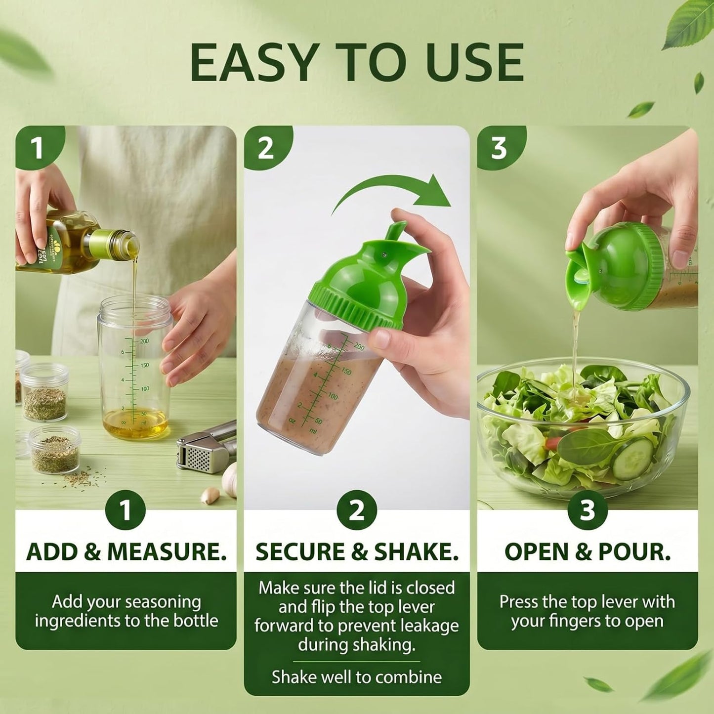 3 Pack Salad Dressing Shaker Container, 7 Oz Salad Dressing Mixer Bottle Mixer Dispenser, Dripless Pour, Soft Grip, BPA Free