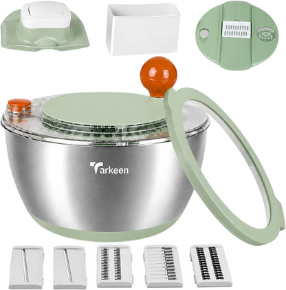 Stainless Steel Salad Spinner with Storage Lid, BPA-Free Lettuce Spinner, 5-in-1 Salad Bowl & Fruit Cleaner with Non-Slip Base, Dishwasher Safe, 5 Blade Slicer & Egg Yolk Separator, 5.3Qt