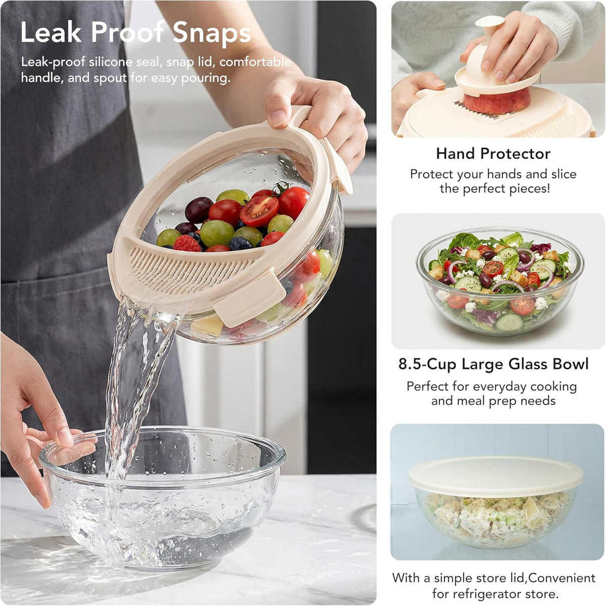 Salad Chopper with Bowl, Vegetable Chopper for Salad Prep, 8.5 Cup Glass Bowl, Food Chopper for Kitchen, Onion Chopper, BPA-Free & Dishwasher Safe, Easy Meal Prep Tool