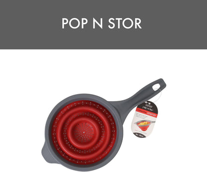 Pop N Store Collapsible Strainer, 8-Inch, Red, 1.3 Quarts Capacity, Dishwasher Safe, Space-Saving Design
