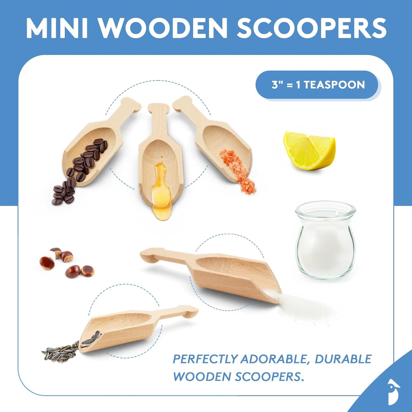Small Wooden Teaspoon Scoops for Food Canisters & Jars, Teaspoon Measuring Spoons, Mini Wood Coffee scoop for Ground Coffee Bath Salts Manuka Honey & Laundry Powder, Pack of 25 Scoopers