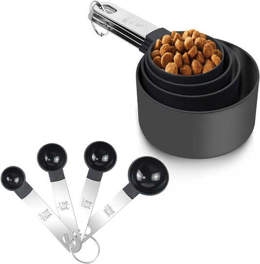 Plastic Measuring Cup & Spoon Set – 8-Piece with Stainless Steel Handles, Stackable, for Baking & Cooking