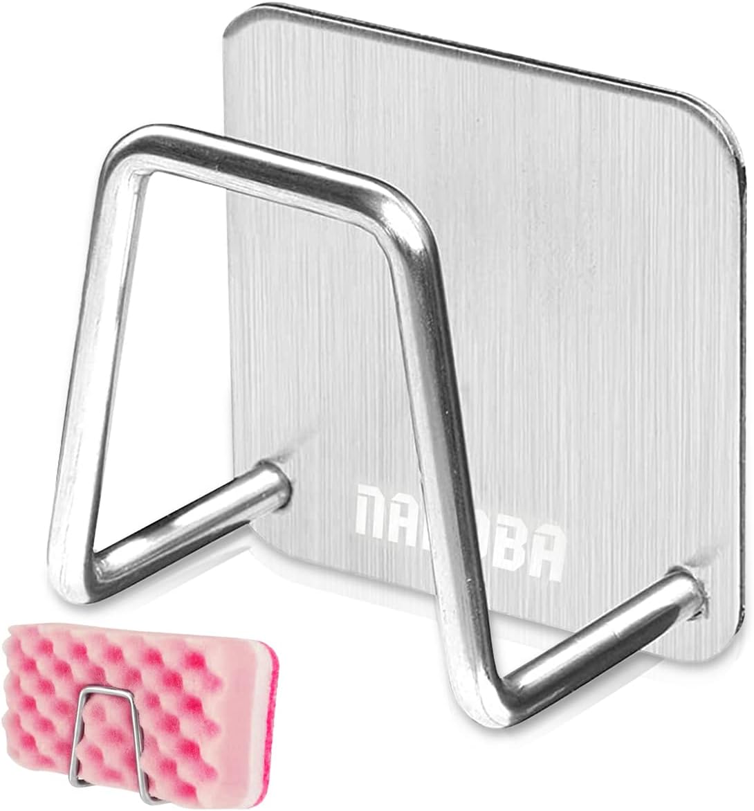 Stainless Steel Sponge Holder for Kitchen Sink, Rust-Resistant | Adhesive Kitchen Sink Sponge Holder; Holds Sponges, Brushes, Lids; Sticks to Tile, Glass, Ceramic, Metal; 1.85" Drain