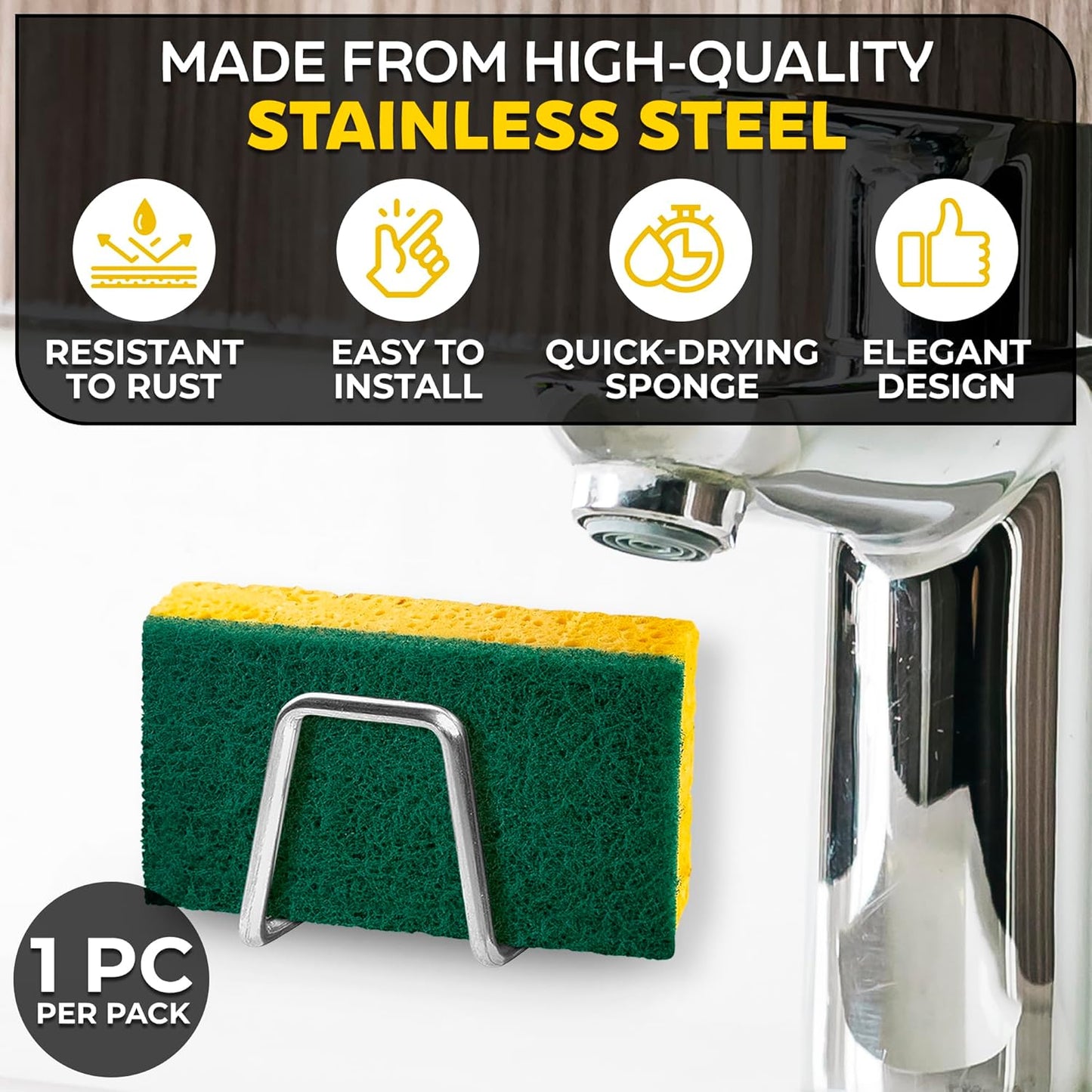 Stainless Steel Sponge Holder for Kitchen Sink, Rust-Resistant | Adhesive Kitchen Sink Sponge Holder; Holds Sponges, Brushes, Lids; Sticks to Tile, Glass, Ceramic, Metal; 1.85" Drain