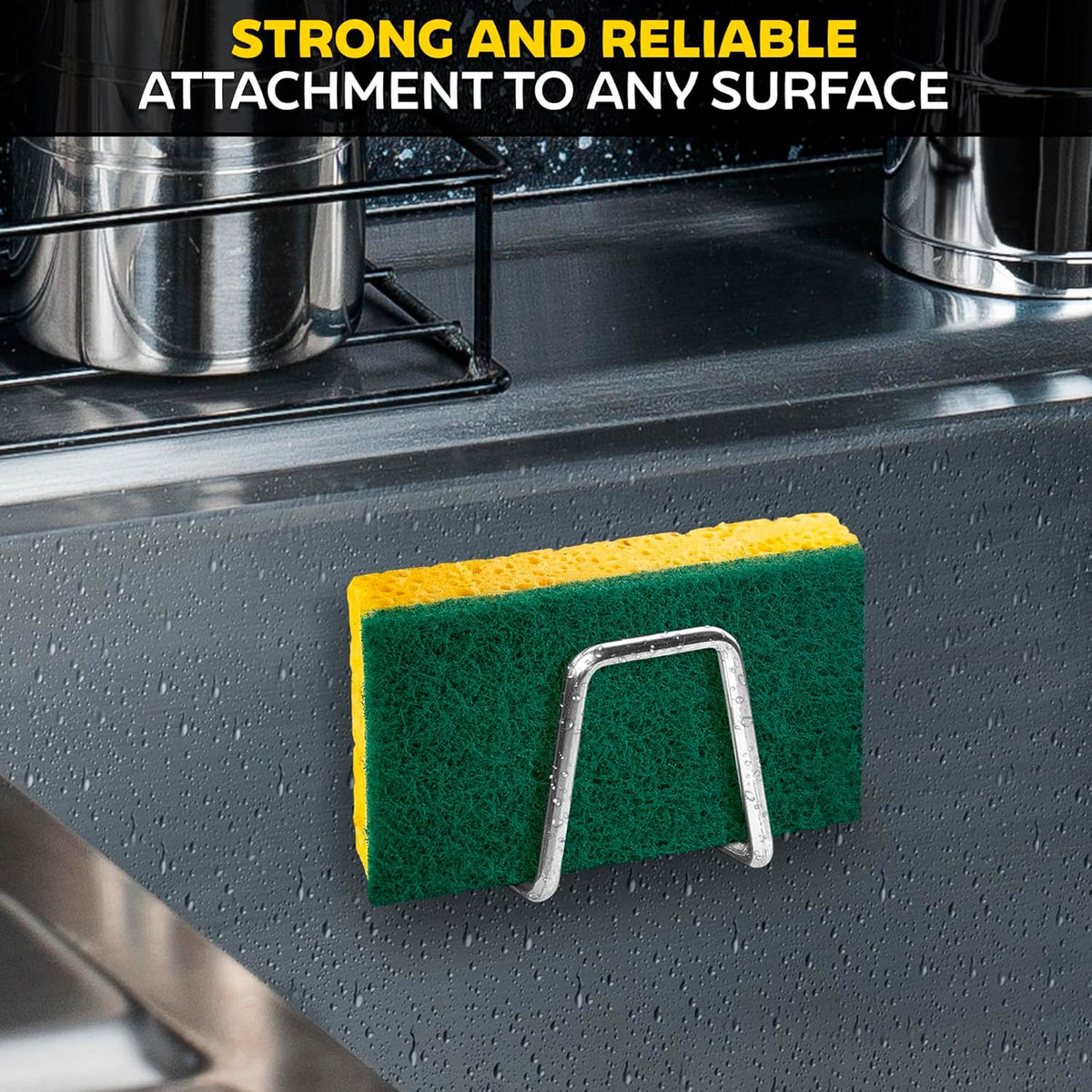 Stainless Steel Sponge Holder for Kitchen Sink, Rust-Resistant | Adhesive Kitchen Sink Sponge Holder; Holds Sponges, Brushes, Lids; Sticks to Tile, Glass, Ceramic, Metal; 1.85" Drain