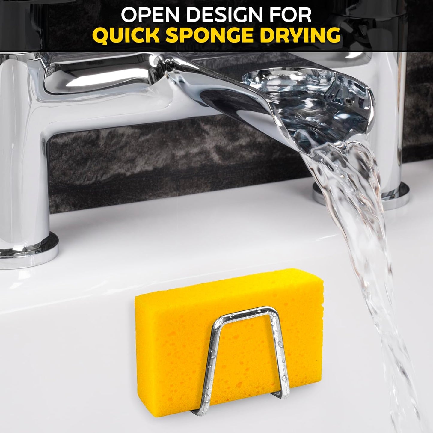 Stainless Steel Sponge Holder for Kitchen Sink, Rust-Resistant | Adhesive Kitchen Sink Sponge Holder; Holds Sponges, Brushes, Lids; Sticks to Tile, Glass, Ceramic, Metal; 1.85" Drain