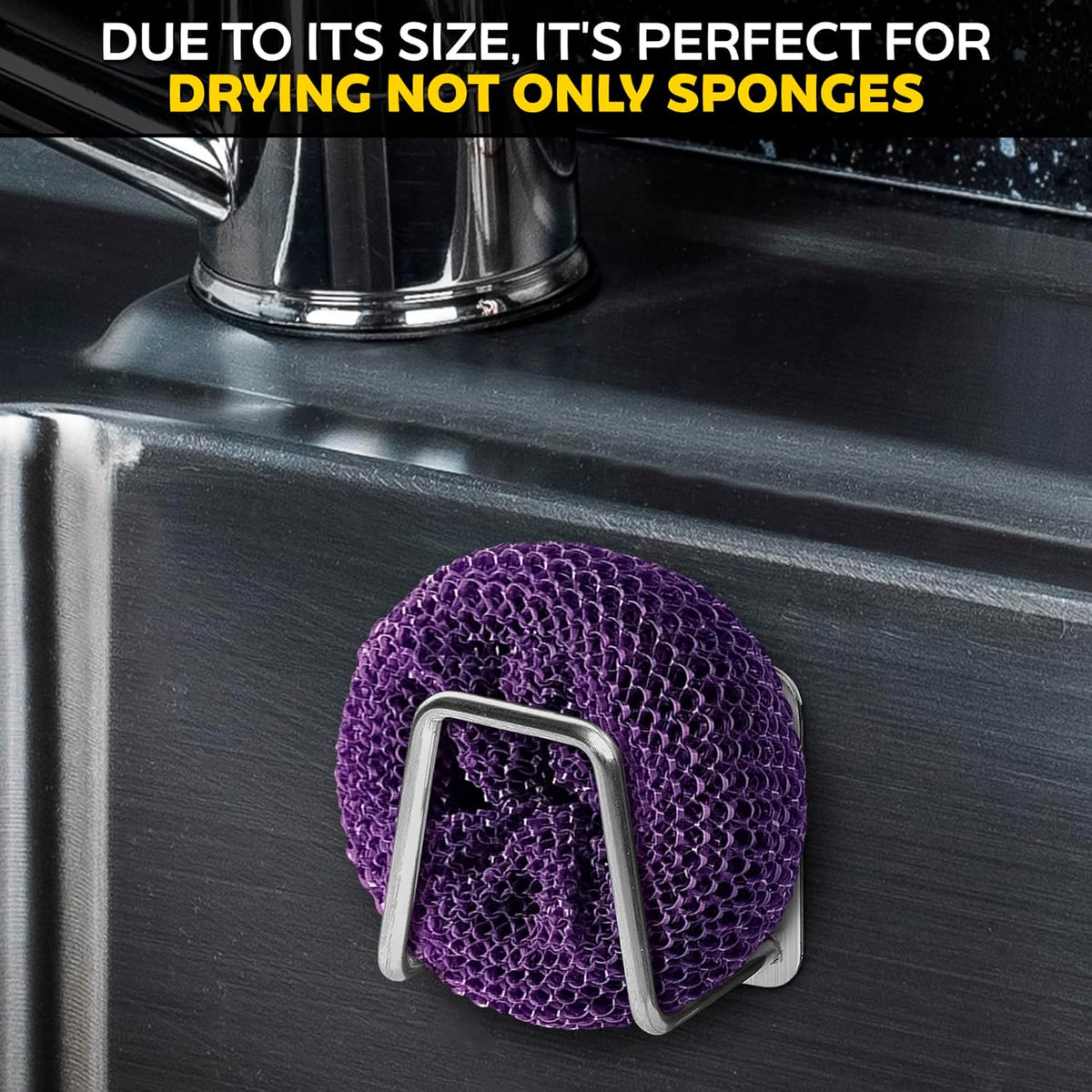 Stainless Steel Sponge Holder for Kitchen Sink, Rust-Resistant | Adhesive Kitchen Sink Sponge Holder; Holds Sponges, Brushes, Lids; Sticks to Tile, Glass, Ceramic, Metal; 1.85" Drain