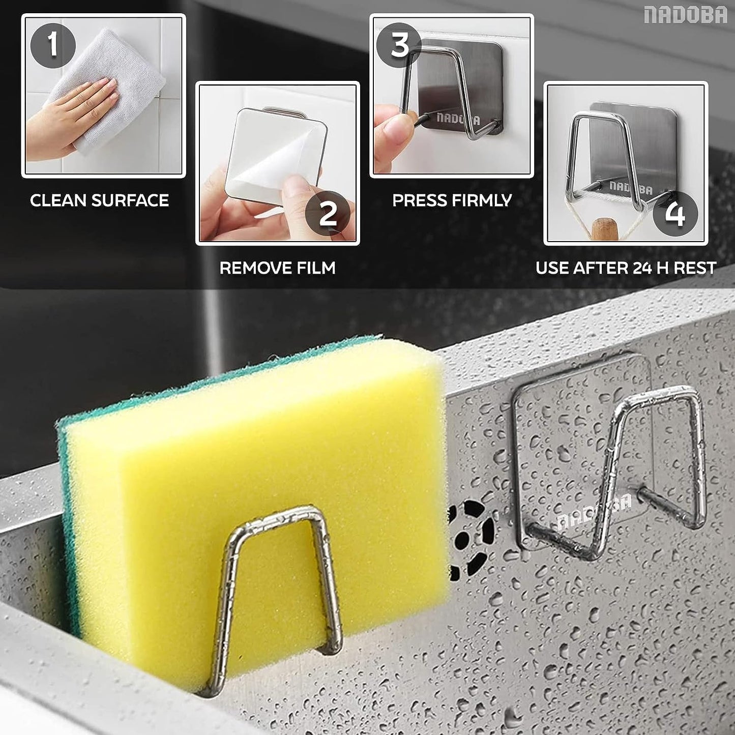 Stainless Steel Sponge Holder for Kitchen Sink, Rust-Resistant | Adhesive Kitchen Sink Sponge Holder; Holds Sponges, Brushes, Lids; Sticks to Tile, Glass, Ceramic, Metal; 1.85" Drain