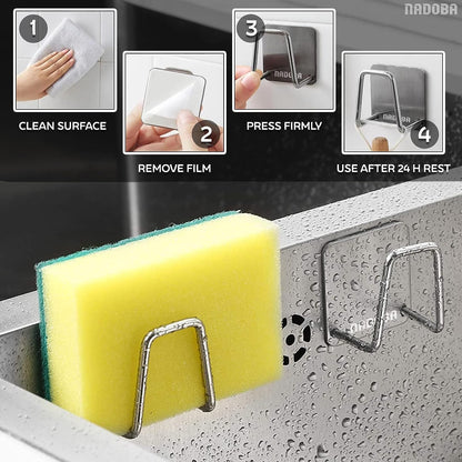 Stainless Steel Sponge Holder for Kitchen Sink, Rust-Resistant | Adhesive Kitchen Sink Sponge Holder; Holds Sponges, Brushes, Lids; Sticks to Tile, Glass, Ceramic, Metal; 1.85" Drain