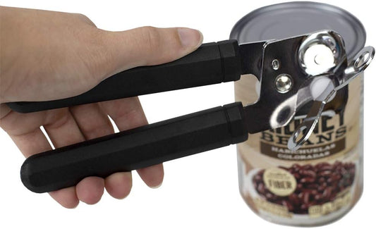 Stainless Steel Manual Handheld Can Opener with Long Smooth Grip Rubber Handles, Black