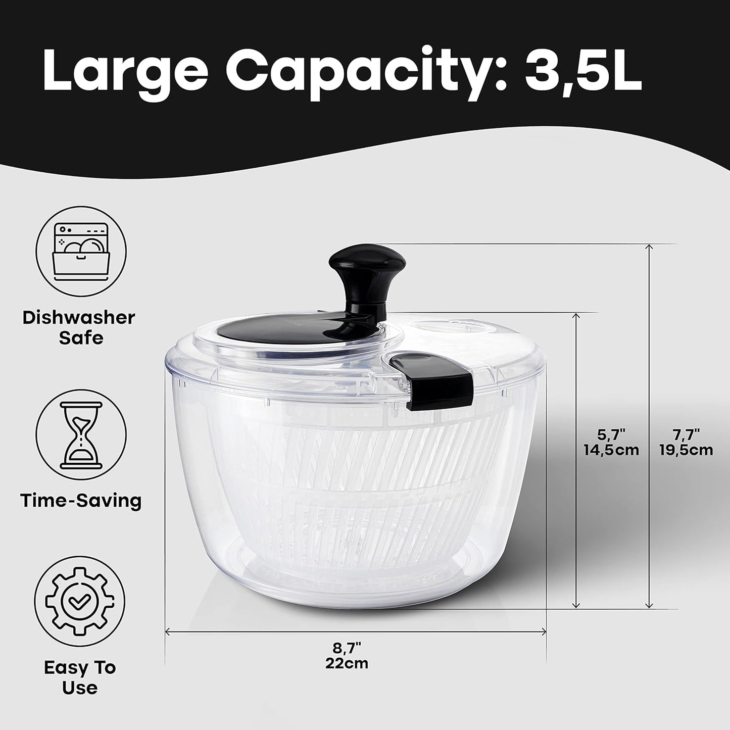 Salad Spinner with Drain, Bowl, and Colander - Quick and Easy Multi-Use Lettuce Spinner, Vegetable Dryer, Fruit Washer, Pasta and Fries Spinner - 3.7 Qt
