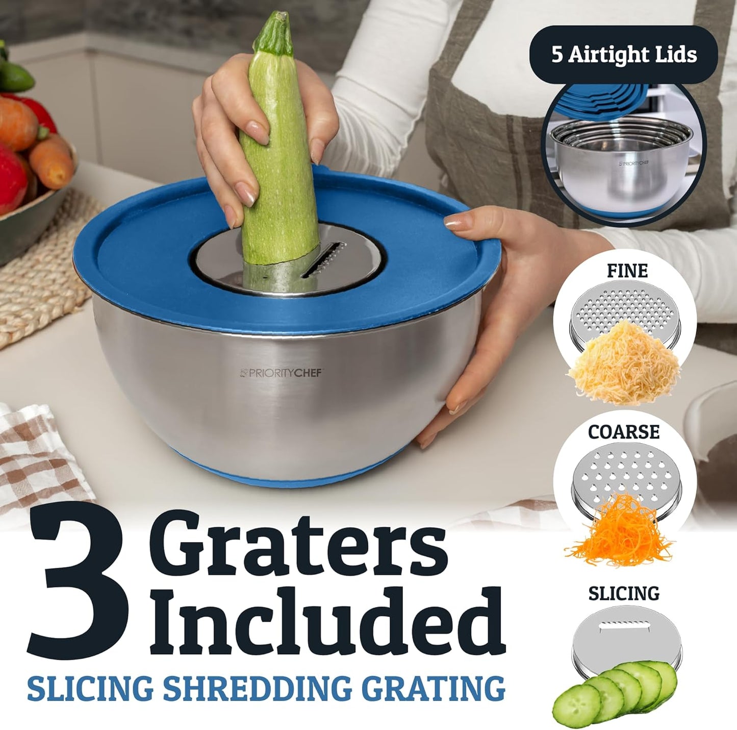 Stainless Steel Mixing Bowls with Lids Set, Metal Nesting Bowls with Airtight Lids, Graters, Non-Slip Base & Measurement Marks, Includes Utensil Set for Prep, Baking & Storage, Black