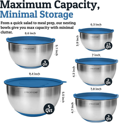 Stainless Steel Mixing Bowls with Lids Set, Metal Nesting Bowls with Airtight Lids, Graters, Non-Slip Base & Measurement Marks, Includes Utensil Set for Prep, Baking & Storage, Black