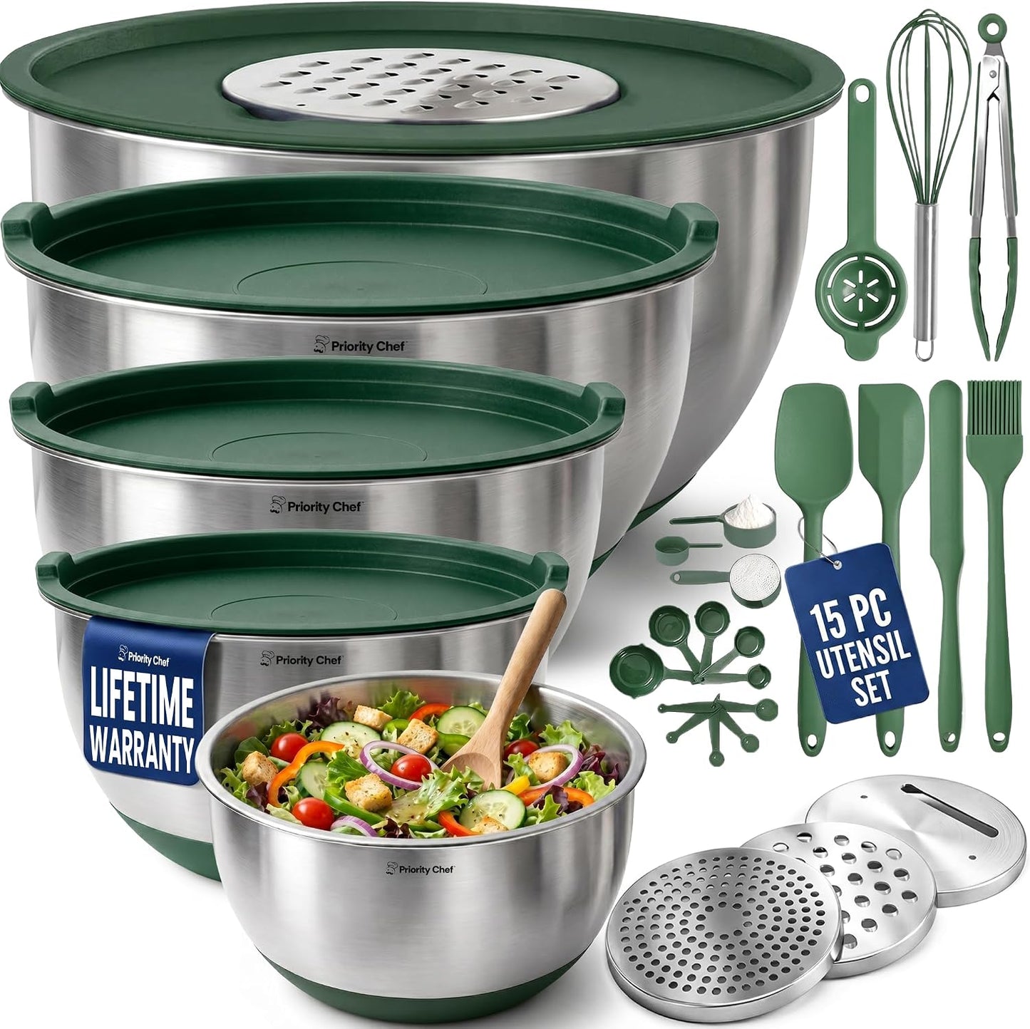 Stainless Steel Mixing Bowls with Lids Set, Metal Nesting Bowls with Airtight Lids, Graters, Non-Slip Base & Measurement Marks, Includes Utensil Set for Prep, Baking & Storage, Black