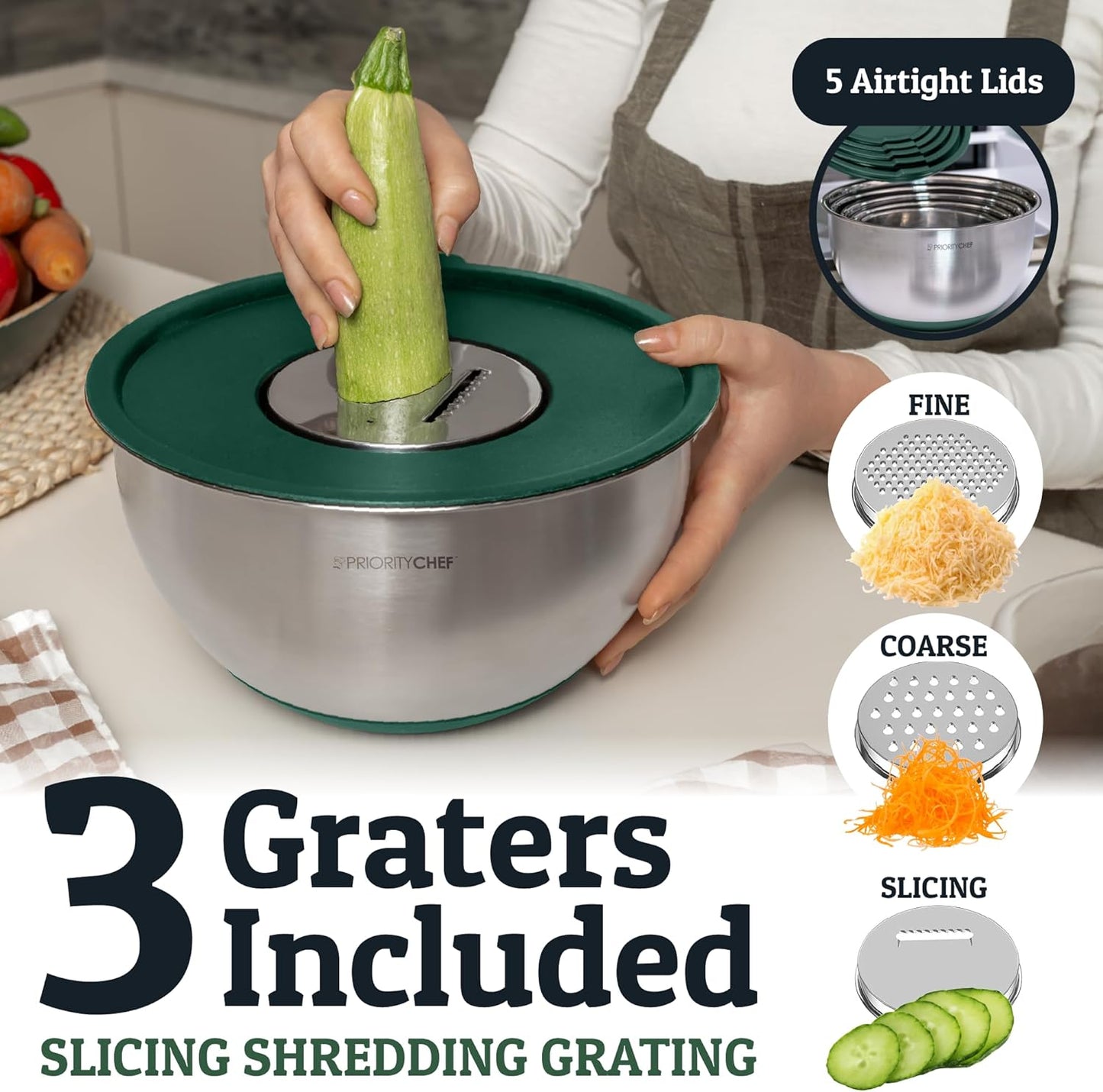 Stainless Steel Mixing Bowls with Lids Set, Metal Nesting Bowls with Airtight Lids, Graters, Non-Slip Base & Measurement Marks, Includes Utensil Set for Prep, Baking & Storage, Black