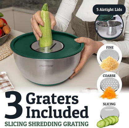 Stainless Steel Mixing Bowls with Lids Set, Metal Nesting Bowls with Airtight Lids, Graters, Non-Slip Base & Measurement Marks, Includes Utensil Set for Prep, Baking & Storage, Black