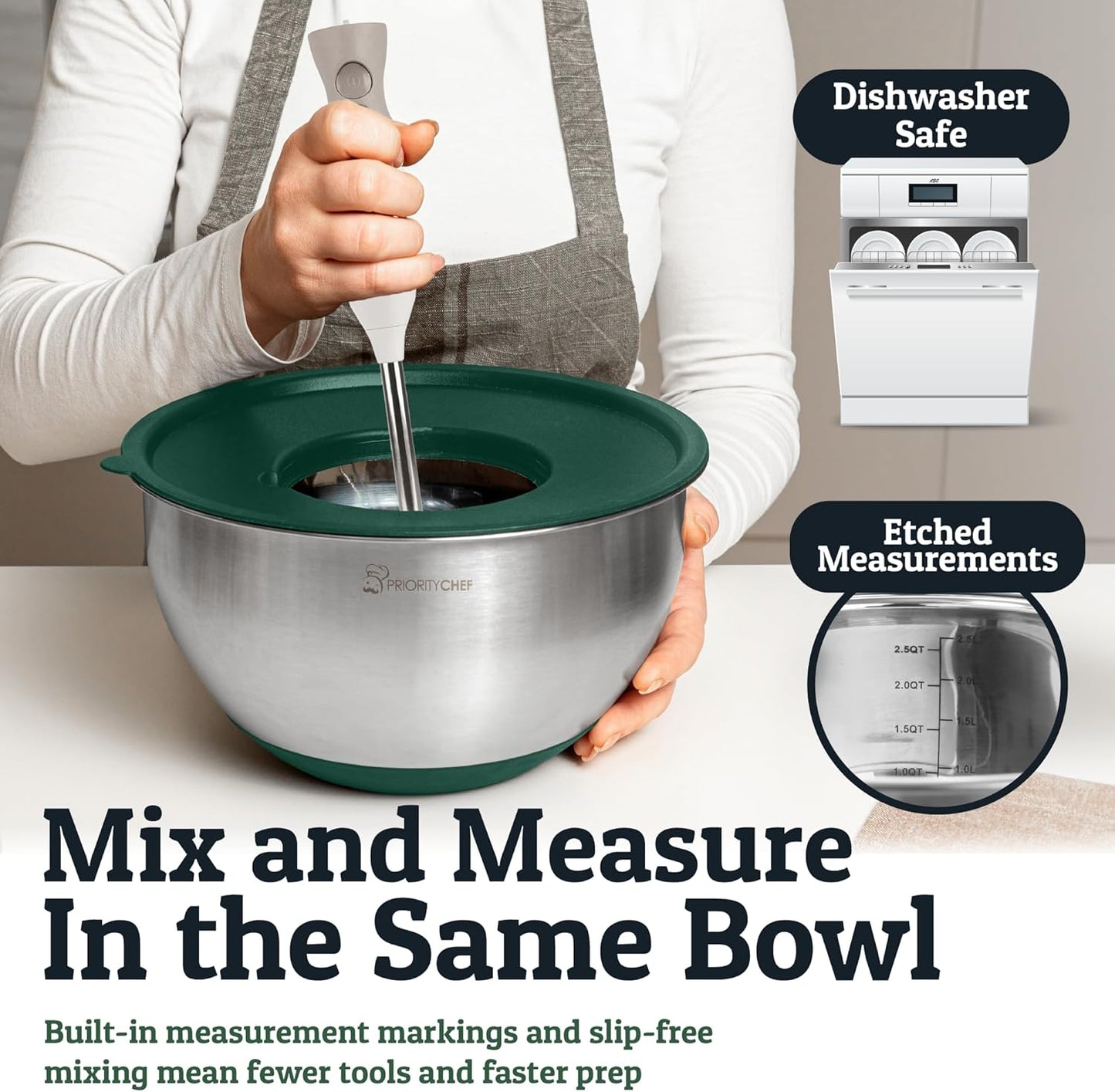 Stainless Steel Mixing Bowls with Lids Set, Metal Nesting Bowls with Airtight Lids, Graters, Non-Slip Base & Measurement Marks, Includes Utensil Set for Prep, Baking & Storage, Black