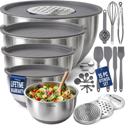 Stainless Steel Mixing Bowls with Lids Set, Metal Nesting Bowls with Airtight Lids, Graters, Non-Slip Base & Measurement Marks, Includes Utensil Set for Prep, Baking & Storage, Black