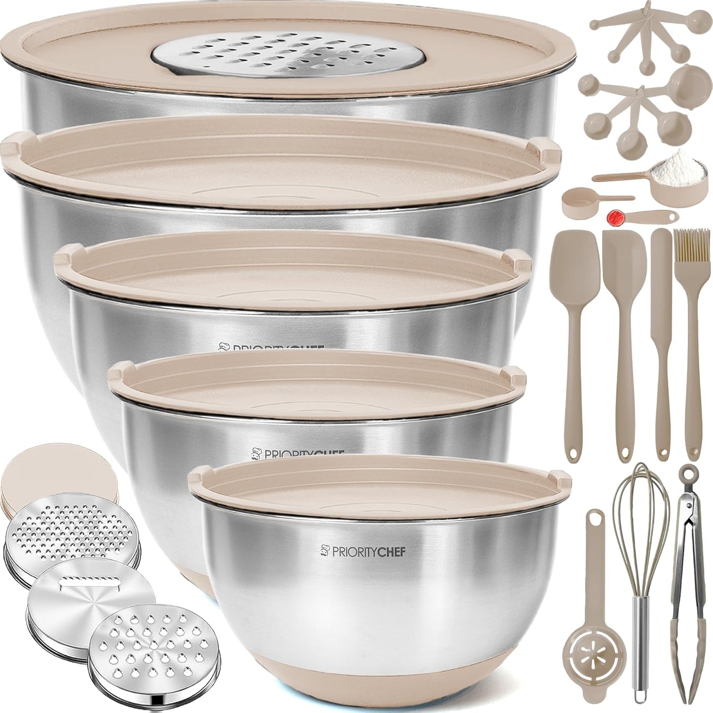 Stainless Steel Mixing Bowls with Lids Set, Metal Nesting Bowls with Airtight Lids, Graters, Non-Slip Base & Measurement Marks, Includes Utensil Set for Prep, Baking & Storage, Black