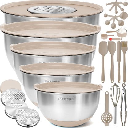 Stainless Steel Mixing Bowls with Lids Set, Metal Nesting Bowls with Airtight Lids, Graters, Non-Slip Base & Measurement Marks, Includes Utensil Set for Prep, Baking & Storage, Black