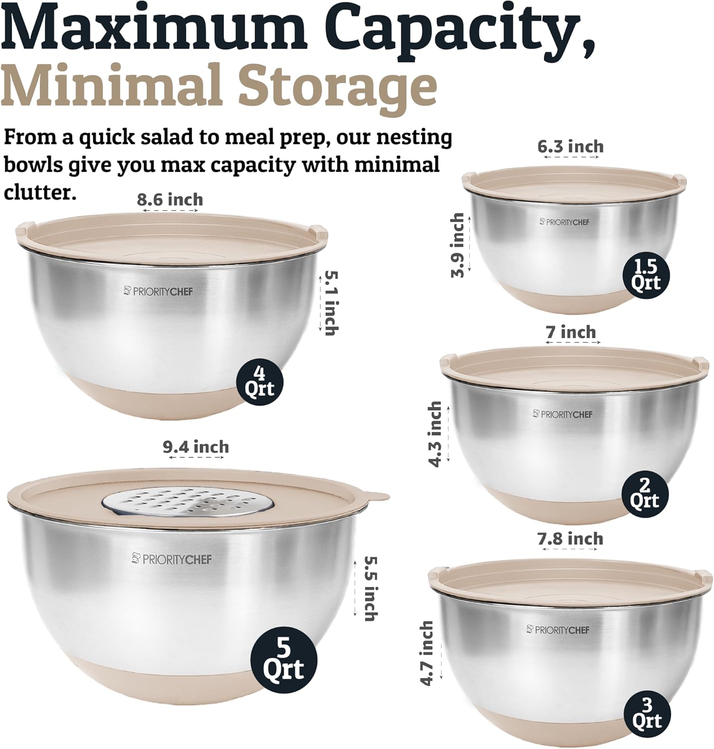 Stainless Steel Mixing Bowls with Lids Set, Metal Nesting Bowls with Airtight Lids, Graters, Non-Slip Base & Measurement Marks, Includes Utensil Set for Prep, Baking & Storage, Black