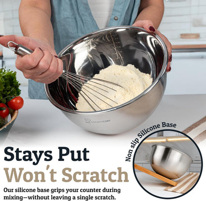 Stainless Steel Mixing Bowls with Lids Set, Metal Nesting Bowls with Airtight Lids, Graters, Non-Slip Base & Measurement Marks, Includes Utensil Set for Prep, Baking & Storage, Black