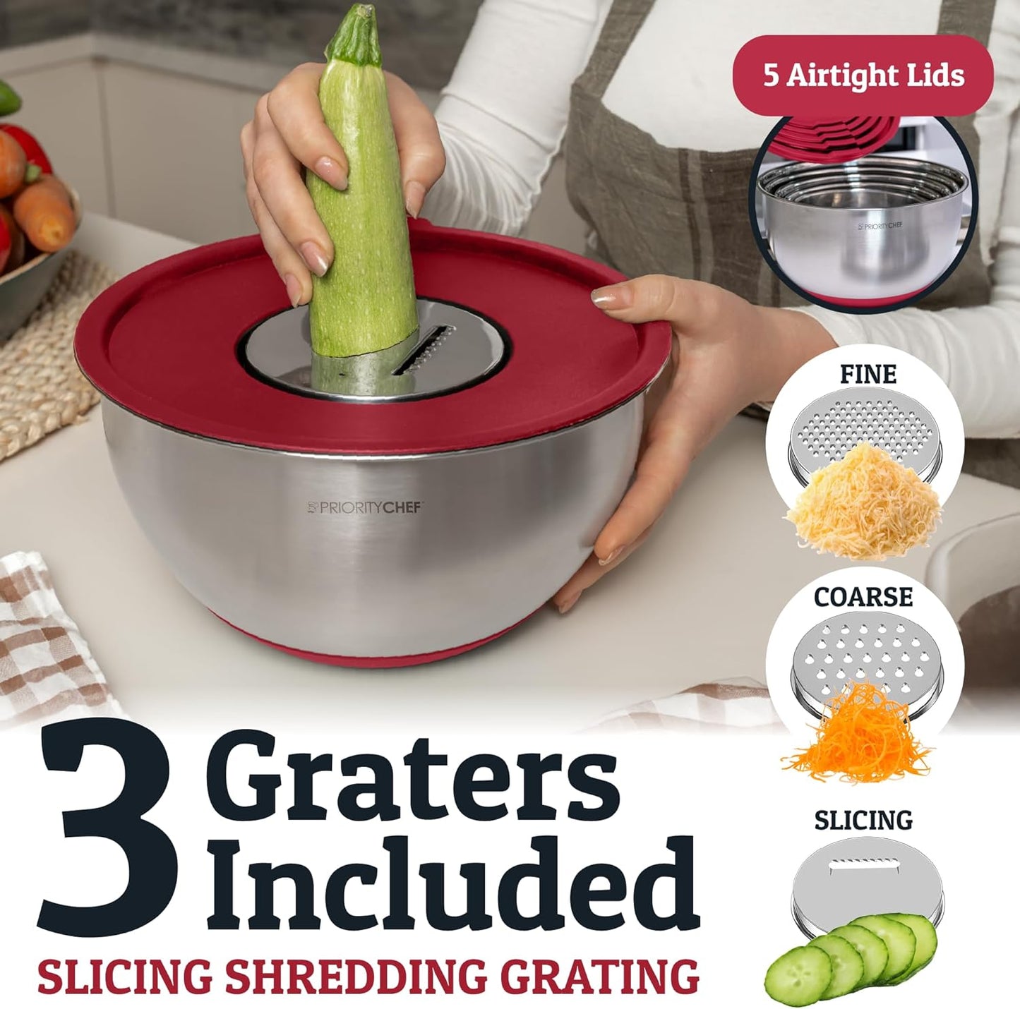 Stainless Steel Mixing Bowls with Lids Set, Metal Nesting Bowls with Airtight Lids, Graters, Non-Slip Base & Measurement Marks, Includes Utensil Set for Prep, Baking & Storage, Black