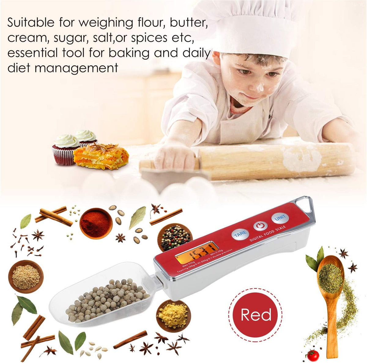 Spoon Scale, Digital Spoon Scale Electronic Measuring Spoon Scale Household Kitchen Spoon Scale Food Scale with Tare Function Capacity 0.05g to 500g Support Unit g/oz/gn/ct/