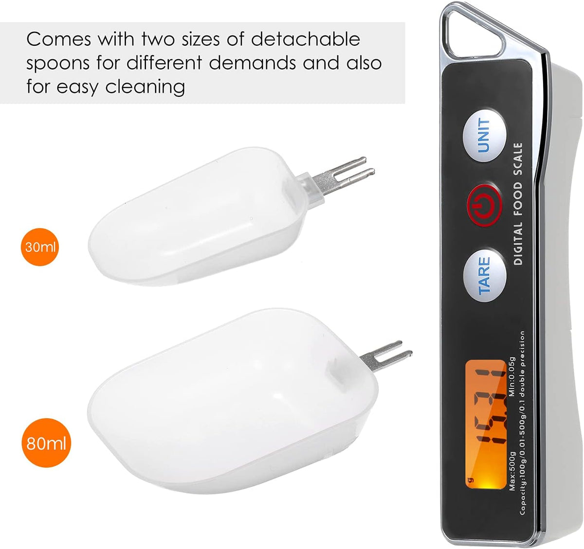 Spoon Scale, Digital Spoon Scale Electronic Measuring Spoon Scale Household Kitchen Spoon Scale Food Scale with Tare Function Capacity 0.05g to 500g Support Unit g/oz/gn/ct/