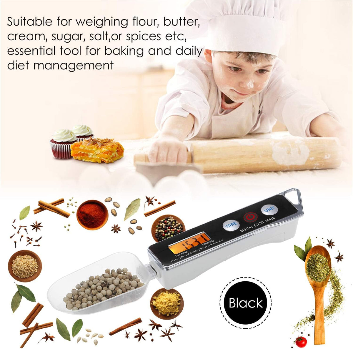 Spoon Scale, Digital Spoon Scale Electronic Measuring Spoon Scale Household Kitchen Spoon Scale Food Scale with Tare Function Capacity 0.05g to 500g Support Unit g/oz/gn/ct/