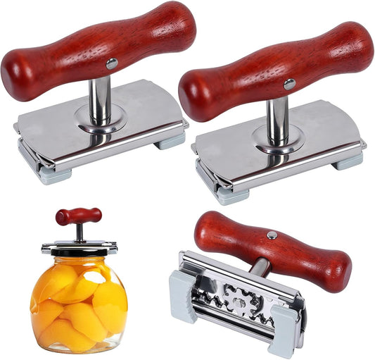2-Pack Adjustable Jar Opener, Stainless Steel Lid Remover, Wood Handle | Non-Slip Metal Clamp, 0.4-4.1 Inch Range, Rust-Proof Quick Rinse, Adjustable Lid Remover for Seniors & Arthritic Hands