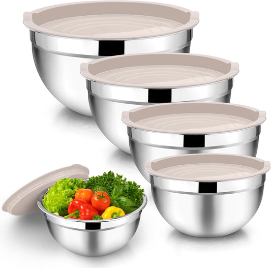 Mixing Bowls with Lids, 5-Piece Stainless Steel Metal Nesting Salad Bowl for Mixing Prepping, Healthy & Heavy Duty, Airtight Lids & Dishwasher Safe, 4.5/3/1.5/1/0.7 QT-Khaki