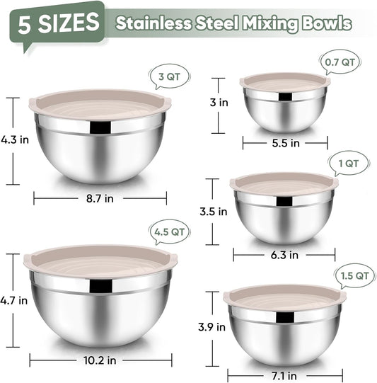 Mixing Bowls with Lids, 5-Piece Stainless Steel Metal Nesting Salad Bowl for Mixing Prepping, Healthy & Heavy Duty, Airtight Lids & Dishwasher Safe, 4.5/3/1.5/1/0.7 QT-Khaki