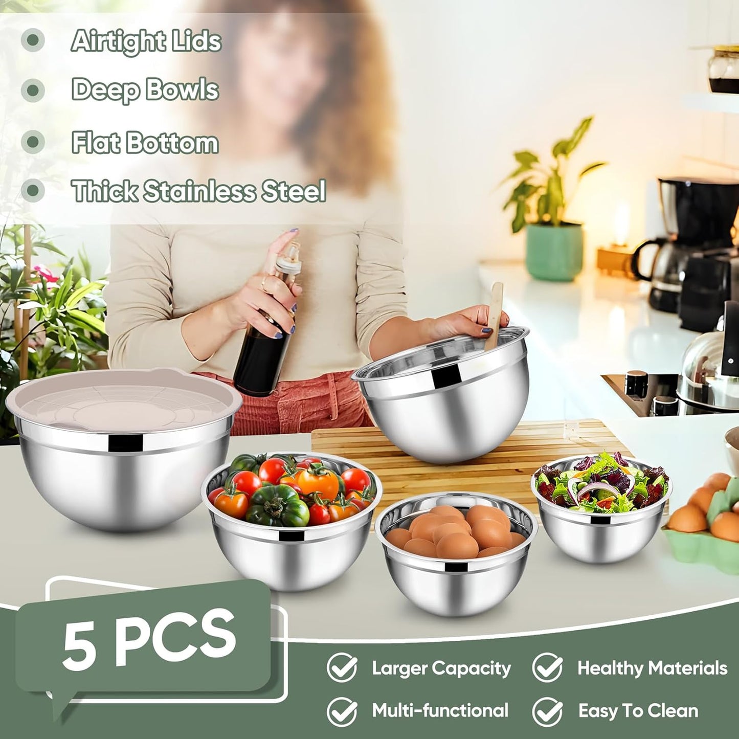 Mixing Bowls with Lids, 5-Piece Stainless Steel Metal Nesting Salad Bowl for Mixing Prepping, Healthy & Heavy Duty, Airtight Lids & Dishwasher Safe, 4.5/3/1.5/1/0.7 QT-Khaki