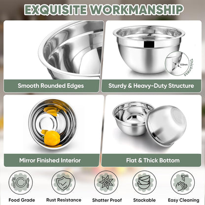 Mixing Bowls with Lids, 5-Piece Stainless Steel Metal Nesting Salad Bowl for Mixing Prepping, Healthy & Heavy Duty, Airtight Lids & Dishwasher Safe, 4.5/3/1.5/1/0.7 QT-Khaki