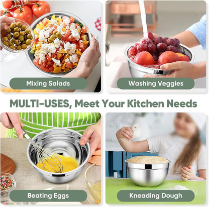 Mixing Bowls with Lids, 5-Piece Stainless Steel Metal Nesting Salad Bowl for Mixing Prepping, Healthy & Heavy Duty, Airtight Lids & Dishwasher Safe, 4.5/3/1.5/1/0.7 QT-Khaki