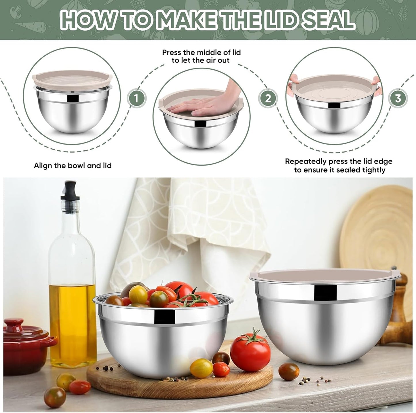 Mixing Bowls with Lids, 5-Piece Stainless Steel Metal Nesting Salad Bowl for Mixing Prepping, Healthy & Heavy Duty, Airtight Lids & Dishwasher Safe, 4.5/3/1.5/1/0.7 QT-Khaki