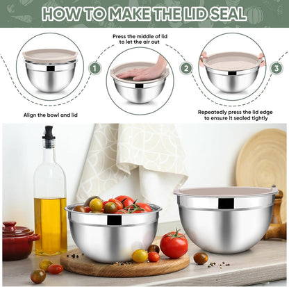 Mixing Bowls with Lids, 5-Piece Stainless Steel Metal Nesting Salad Bowl for Mixing Prepping, Healthy & Heavy Duty, Airtight Lids & Dishwasher Safe, 4.5/3/1.5/1/0.7 QT-Khaki