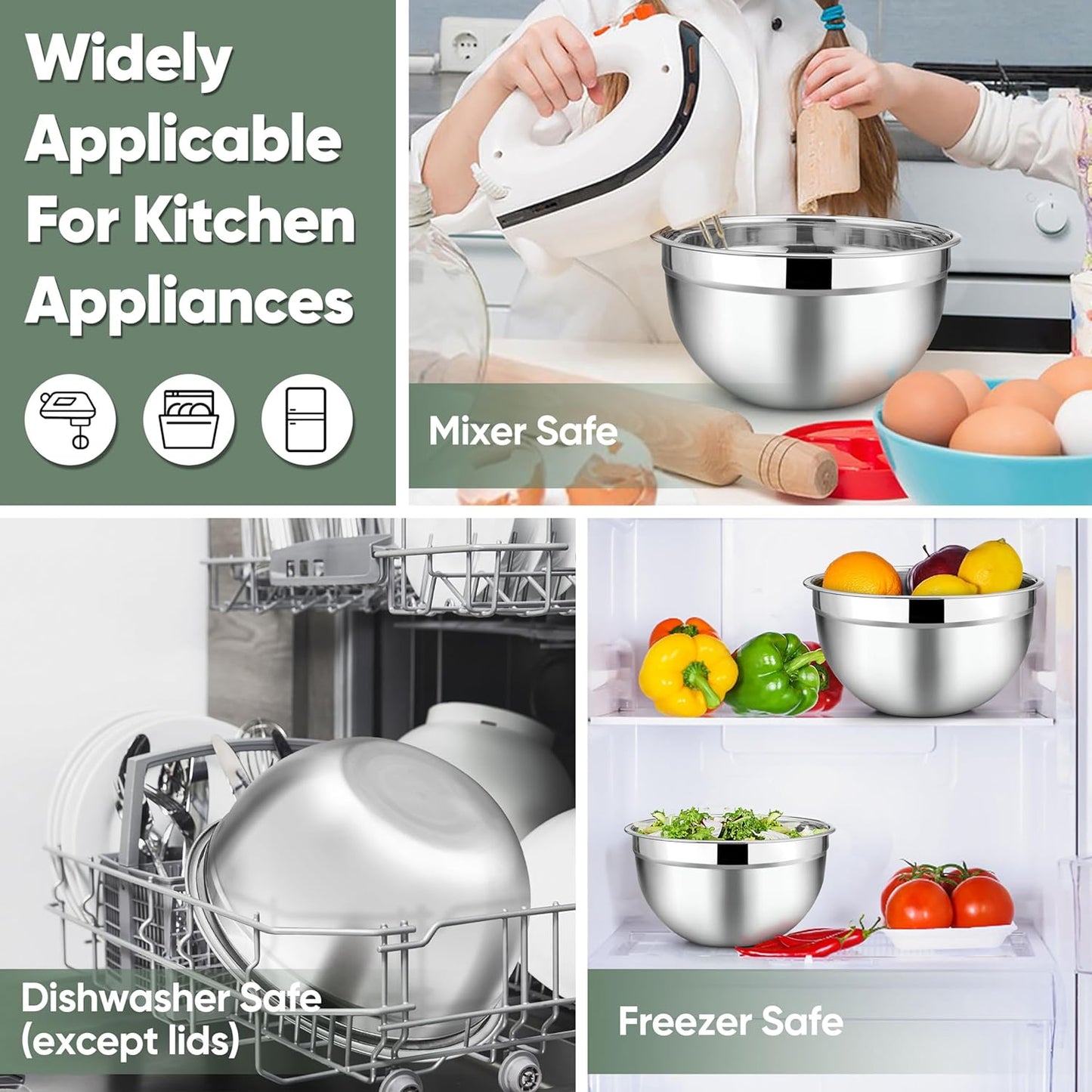 Mixing Bowls with Lids, 5-Piece Stainless Steel Metal Nesting Salad Bowl for Mixing Prepping, Healthy & Heavy Duty, Airtight Lids & Dishwasher Safe, 4.5/3/1.5/1/0.7 QT-Khaki